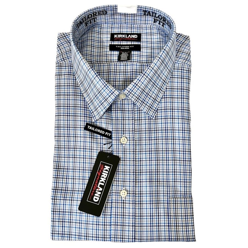 Kirkland NEW Men's Tailored Wrinkle-Free Button-Down Plaid Shirt, Light Blue